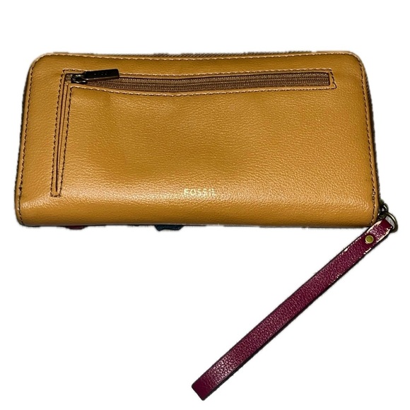 Fossil Brown Leather Flowers Zip Around Women’s Wallet Wristlet, GUC - Picture 3 of 12